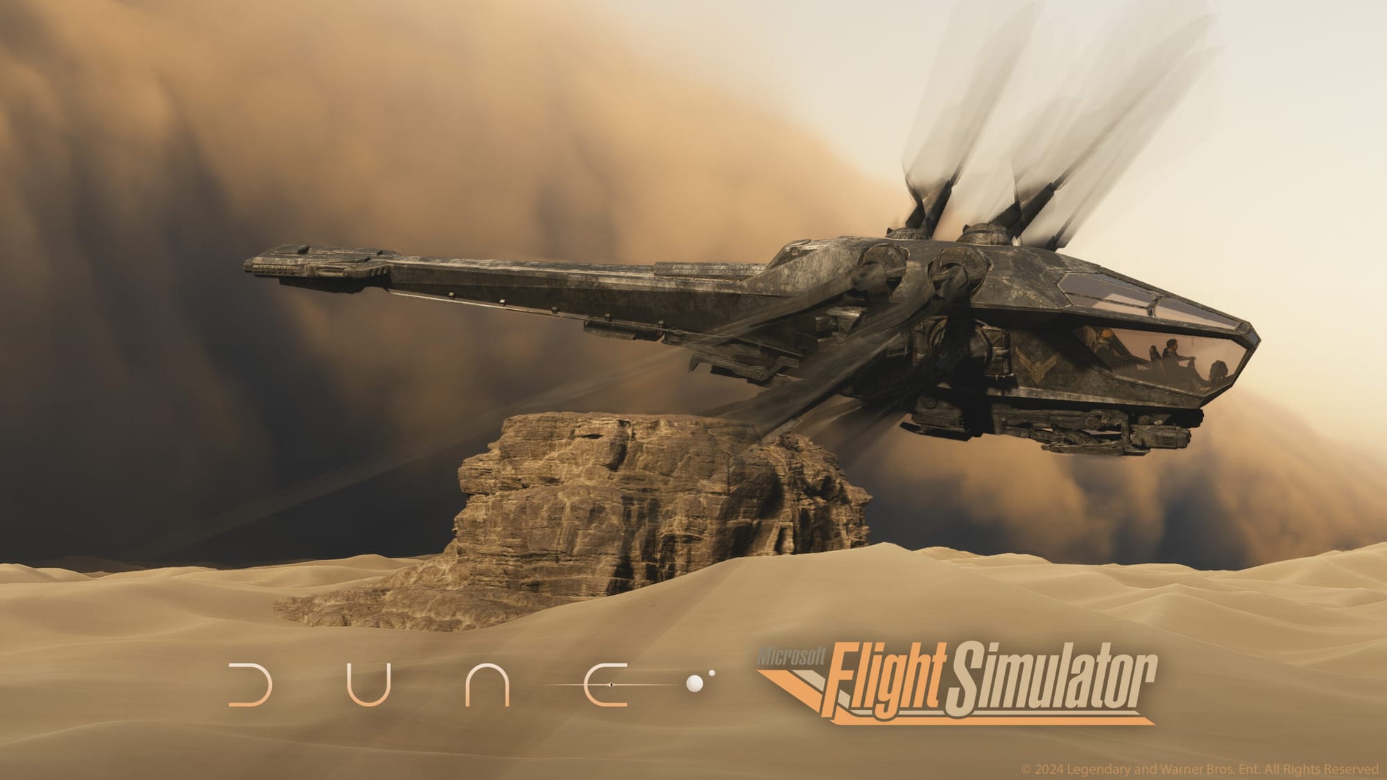 Promo image of an Ornithopter above the surface of Arrakis with the Dune and Flight Simulator logos.