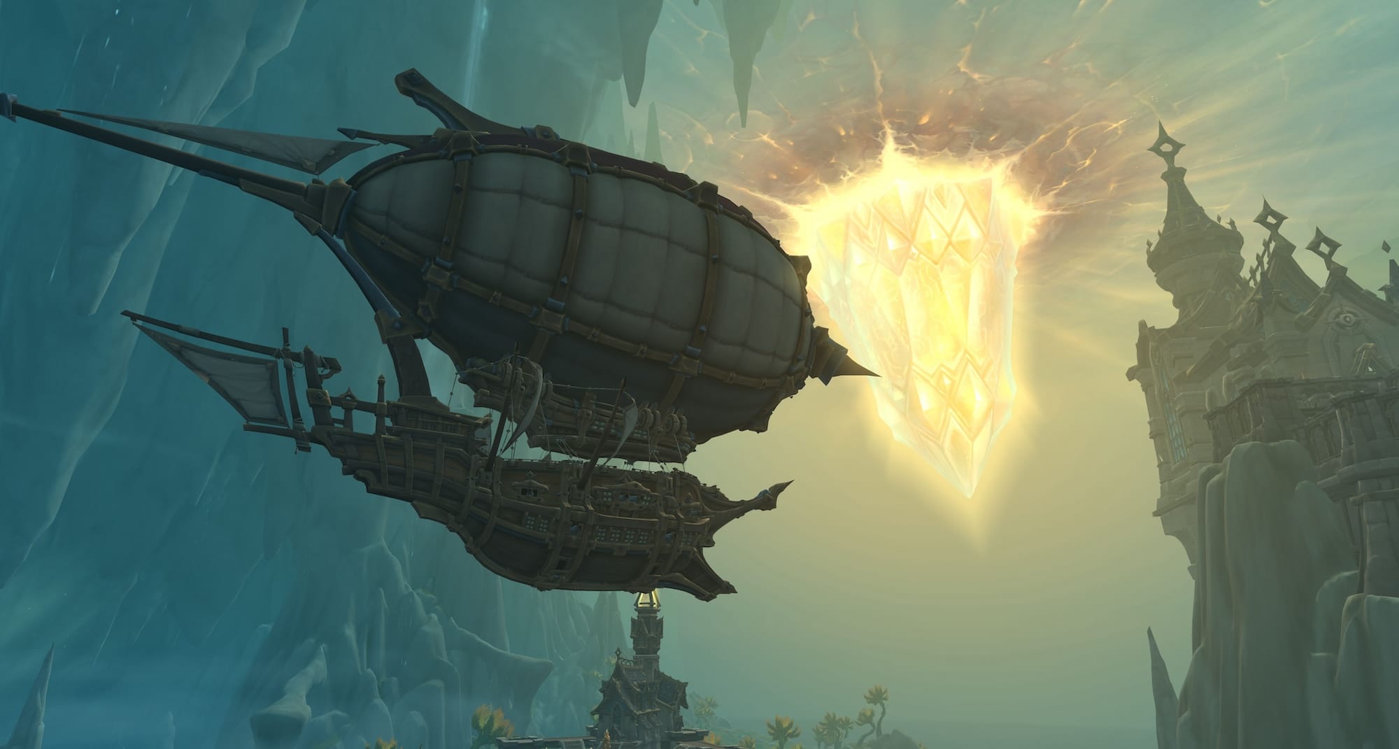 A fantasy airship floats with a giant crystal smashed through a far off cave ceiling.