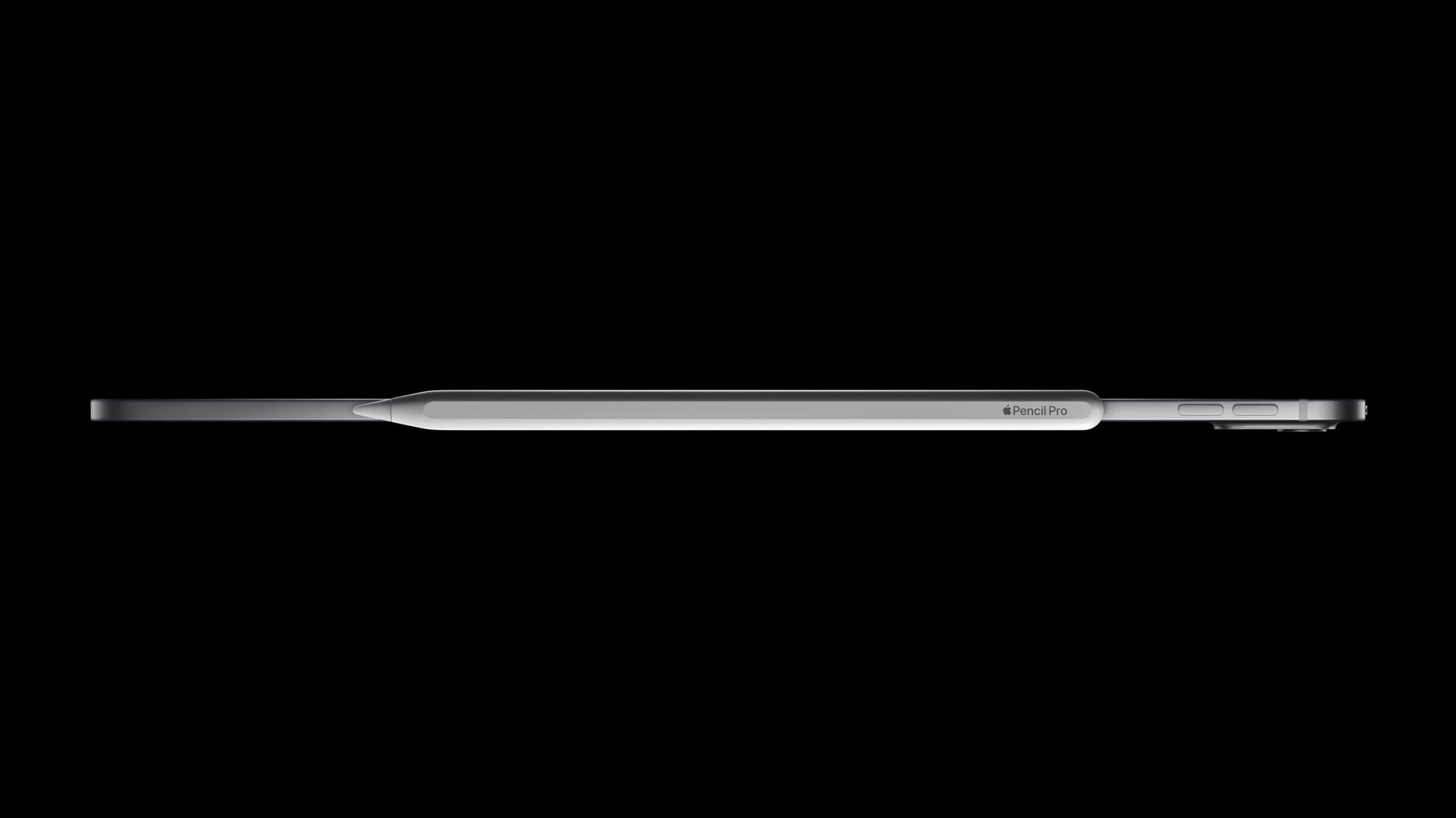 Side view of the pencil attached to the iPad Pro on a black background