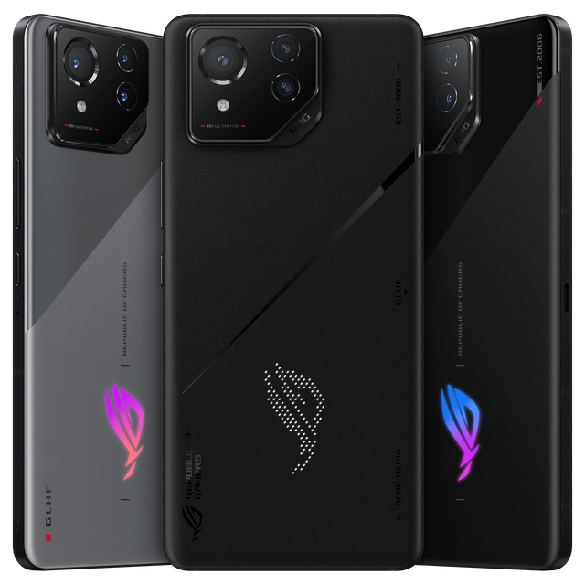 Three ROG Phone 8 Series devices standing tall
