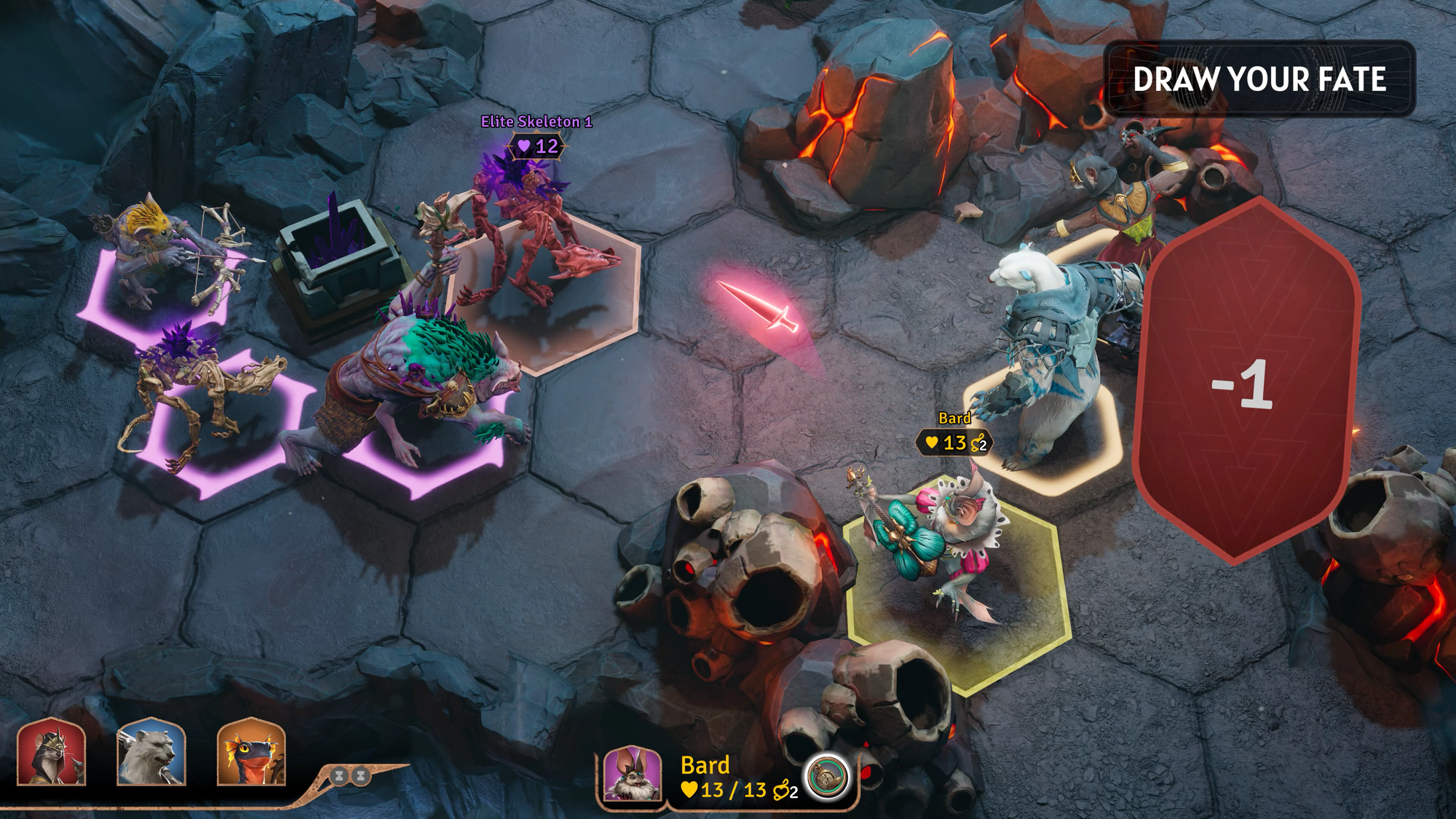 Close up screenshot of the hex-based gameplay during combat. A sign says 'draw your fate' and a digital card shows red with a -1.