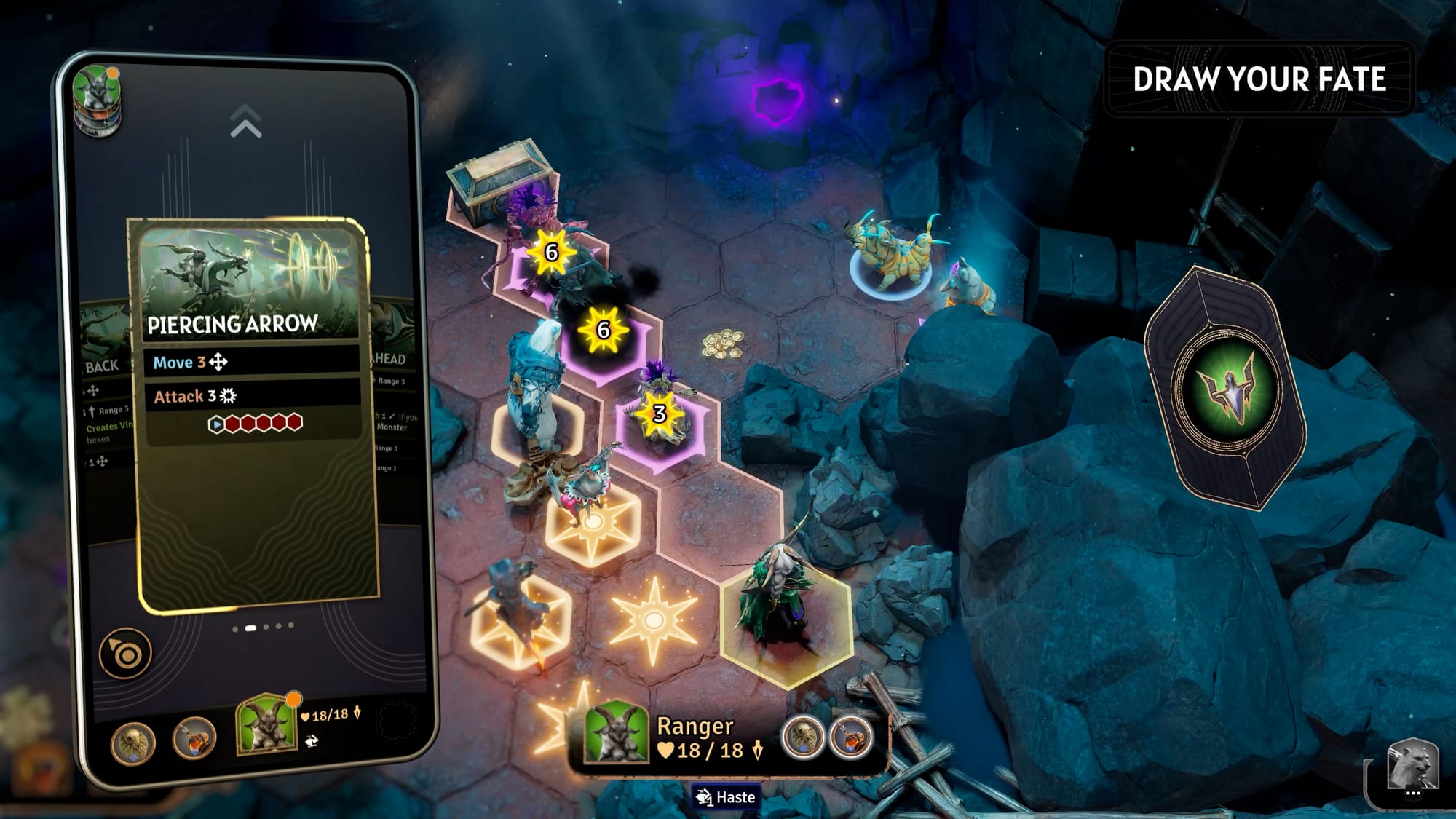 Screenshot of the hex-based grid of Sunderfolk mid combat, with a smartphone superimposed showing how character abilities look like cards on your screen.
