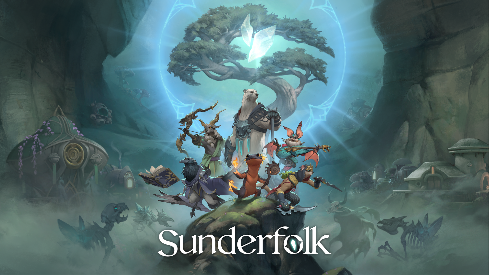A group of anthropomorphic fantasy animals looking heroic, with a large tree behind them that shines with a crystal glow at its centre. They stand atop a rock that is surrounded by skeletal creatures.