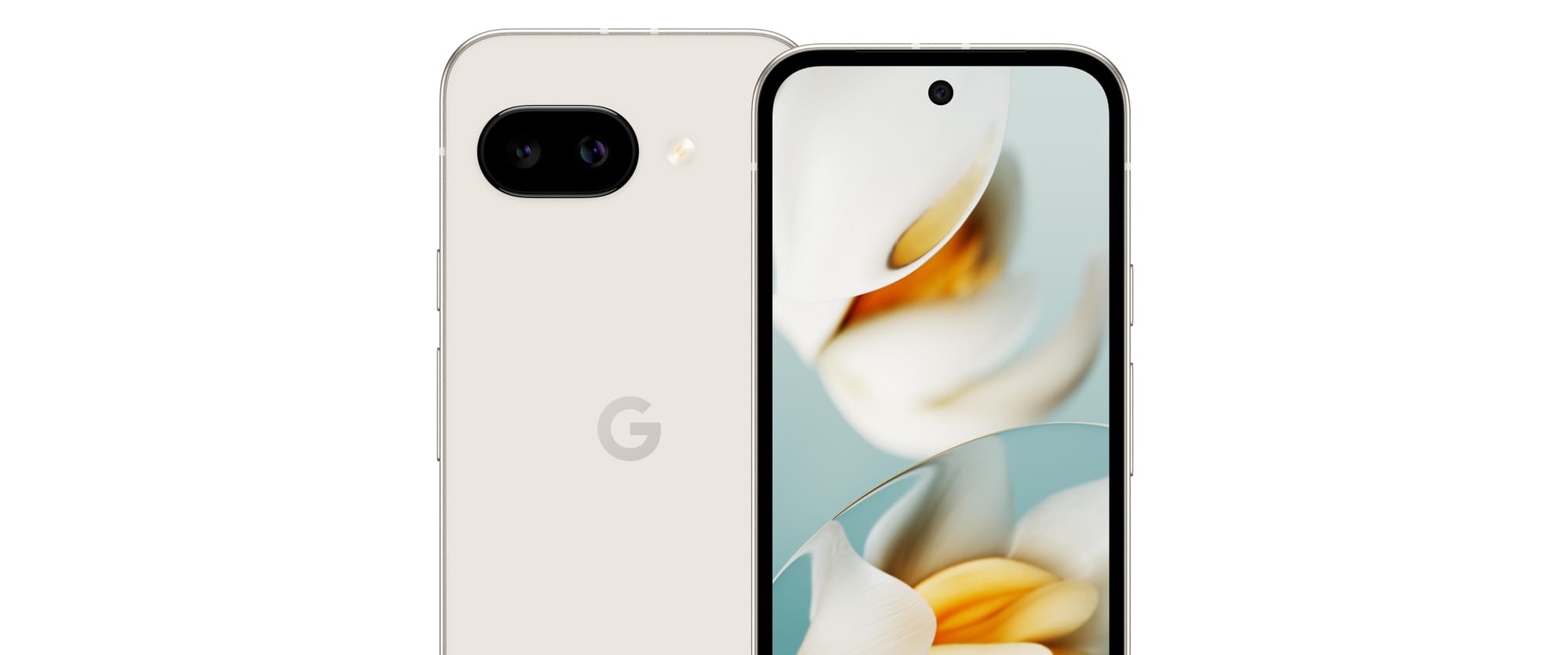 A front / back shot of the white 'porcelain' Pixel 9a.