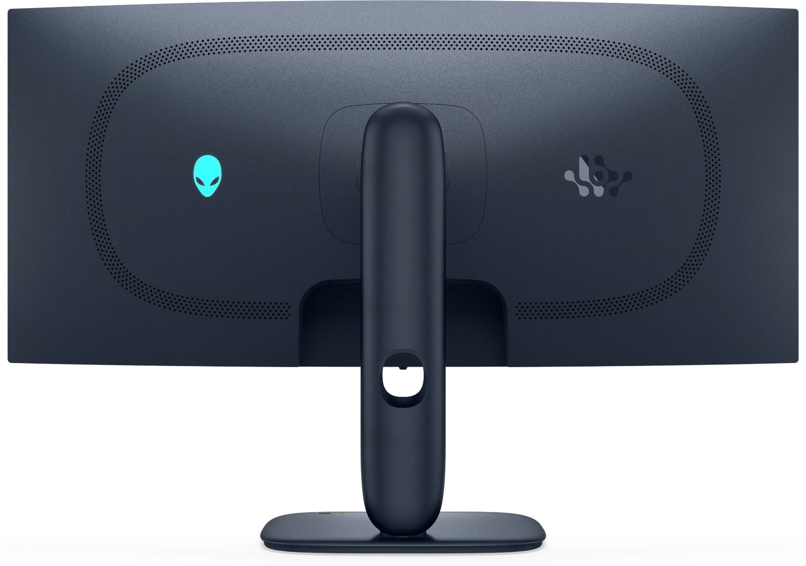 Rear of the monitor. It is dark blue-grey with a cute Alienware logo left and other weird logo right. White background.