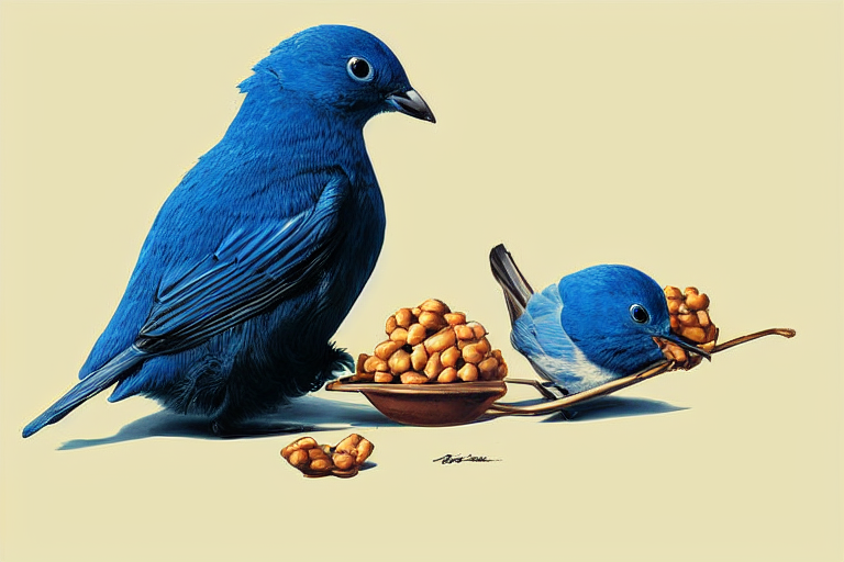 A blue bird sits, watching a younger blue bird play with a stick. There a plates with nuts near them.