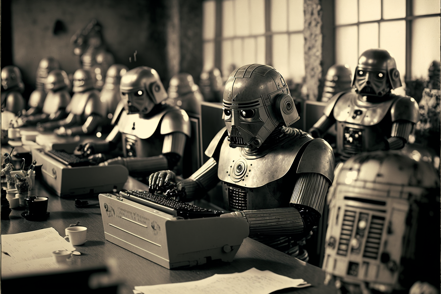 A robot sits in the foreground, typing on a weird typewriter. There are rows of more robots, all typing.