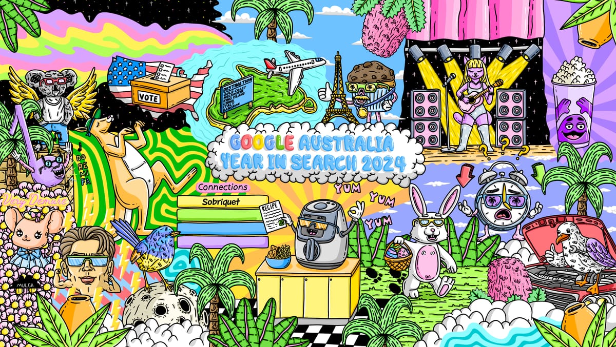 A rich, dense, colourful artwork representing the Google Australia search trends for 2024. Voting, travel, entertainment, ai
