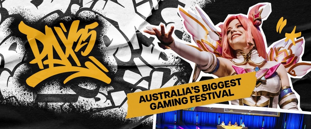 Key art for PAX Australia in a street art style with a cosplayer n the top right. Text reads: PAX '25 Australia's Biggest Gaming Festival.