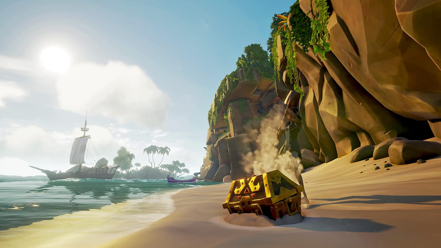 A treasure chest on a beach with a ship in the distance on a sunny day.