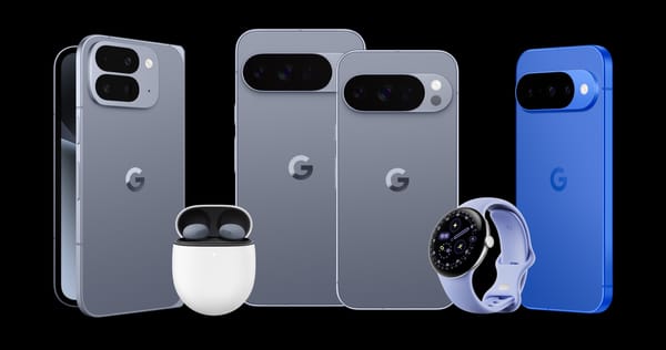 Devices stand against a black background. Left to right: Pixel 10 series: The Pro Fold in grey, Buds 2 in grey with a white case, Pro XL and Pro in grey, Watch 4, and the 10 in bright blue..