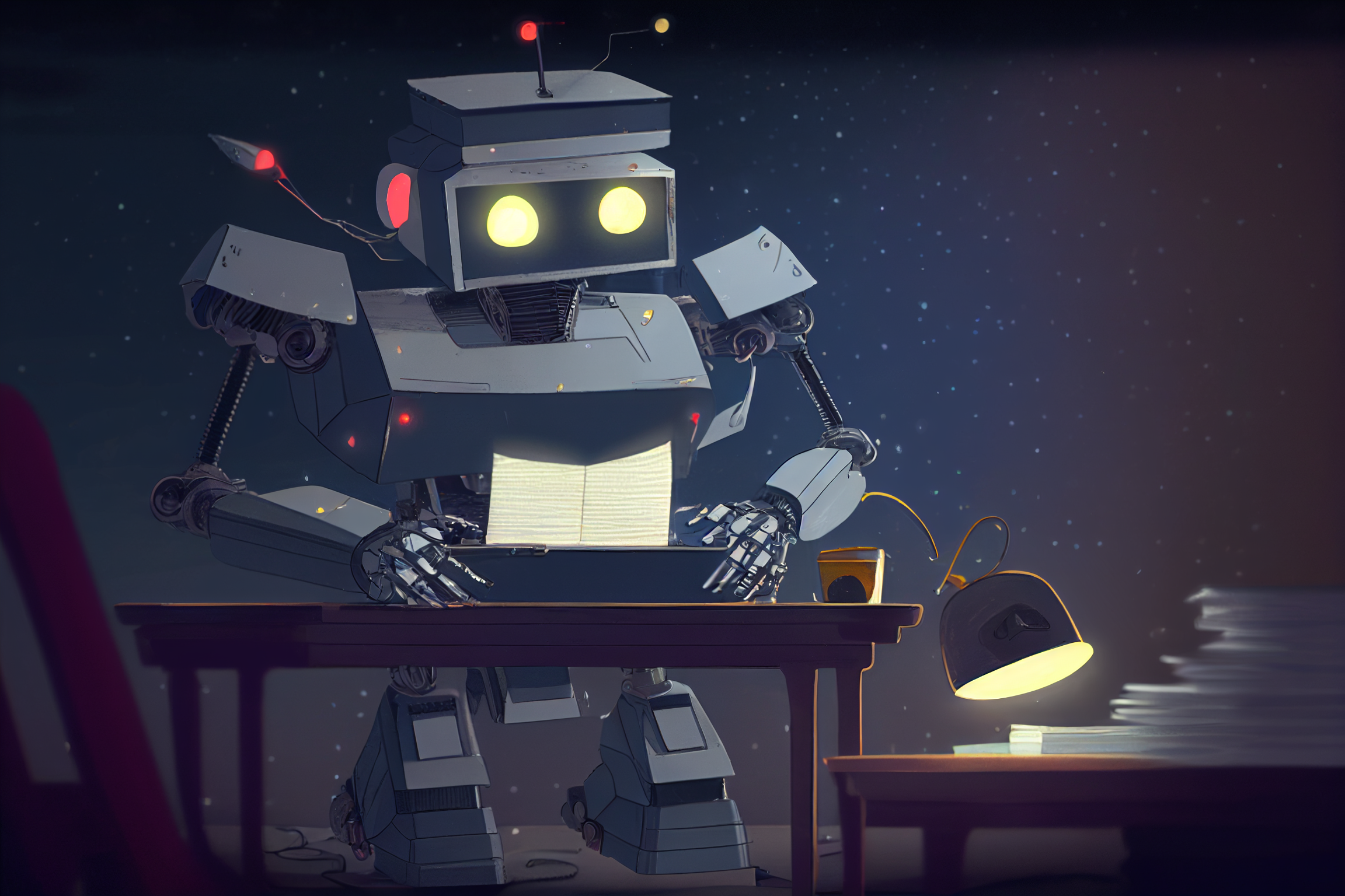Cartoon style robot at a table looking at a typewriter.