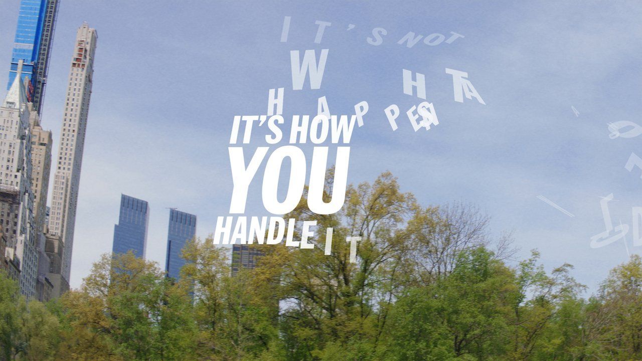 AR words float in the sky over a city park